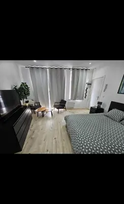 a bedroom with a bed and a couch and a table at Studio cozy et charmant in Brussels