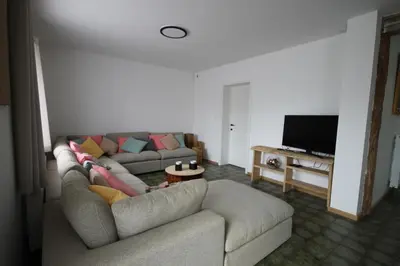 a living room with a couch and a tv at Huisje Nostalgie in Laakdal