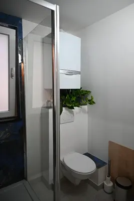 a bathroom with a toilet and a glass shower at Vintage Soul, Green Vibes, Heart of the City in Brussels