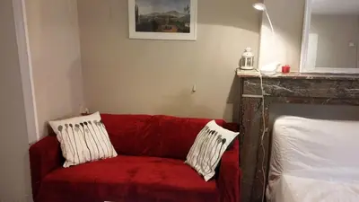 a red couch with two white pillows sitting next to a fireplace at Central and convenient studio near supermarkets and public transports in Brussels
