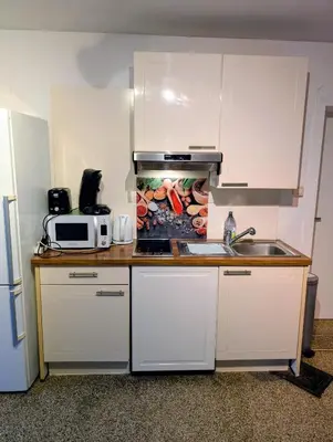 a kitchen with a sink and a microwave at Central and convenient studio near supermarkets and public transports in Brussels