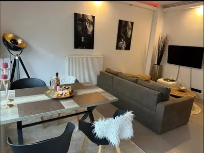 a living room with a couch and a table at Antwerp West Side ,airco in Zwijndrecht