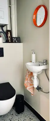 a bathroom with a sink and a toilet and a mirror at Chaleureux appartement aux Marolles in Brussels