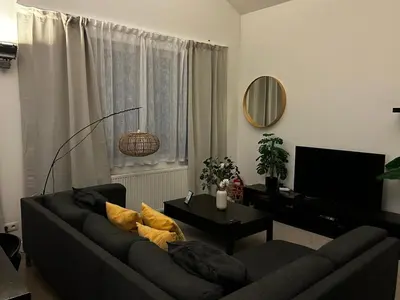 a living room with a couch and a television at 3 bedroom Loft Antwerp in Antwerp