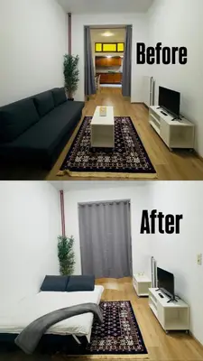 two pictures of a living room before and after at The Brussels Nest in Brussels