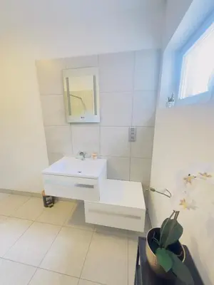 a white bathroom with a sink and a mirror at Villa-gey Escape in Bekkevoort