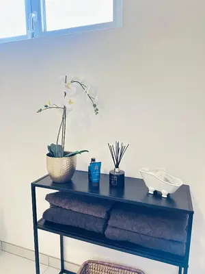a black shelf with plants and towels on it at Villa-gey Escape in Bekkevoort