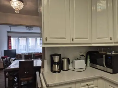 a kitchen with a counter top with a microwave at Large 1st floor apartment, Schaerbeek, Brussels in Brussels