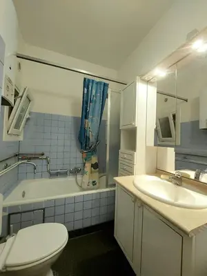 a bathroom with a toilet and a sink and a tub at Large 1st floor apartment, Schaerbeek, Brussels in Brussels