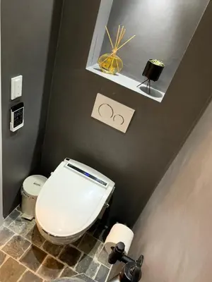 a bathroom with a white toilet and a shelf at The Oak & Squirrel Villa in Hoogstraten