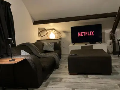 a living room with a couch and a tv at The Oak & Squirrel Villa in Hoogstraten