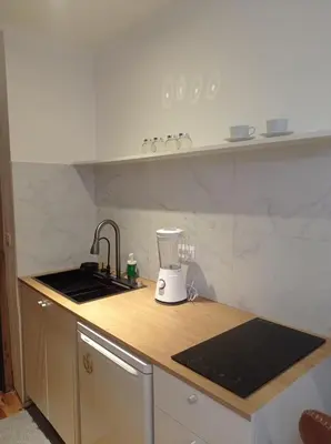 a kitchen counter with a blender on top of it at Cozy and centrally located studio apartment in Brussels