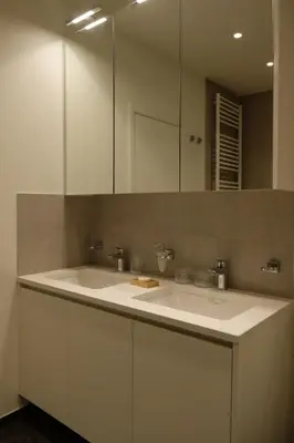 a bathroom with a white sink and a mirror at Brussels center spacious and central apartment in Brussels