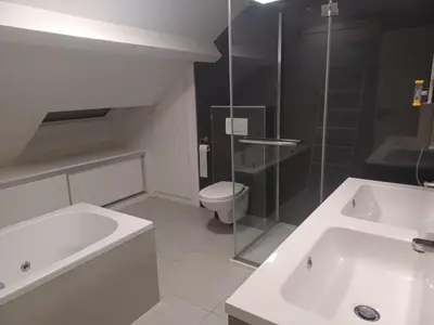 a bathroom with a sink and a toilet and a shower at Peaceful Countryside Escape for Leisure or Work, Near Brussels in Dilbeek