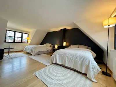 a bedroom with two beds and a black wall at La Chanterelle in Wavre