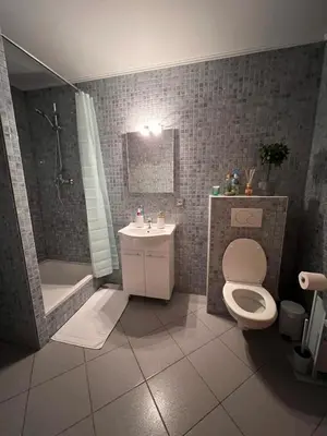 a bathroom with a toilet and a shower and a sink at Studio in Brussels in Brussels