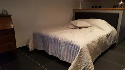 a bed with a white blanket and two pillows on it at Guesthouse Biolleke in Boutersem