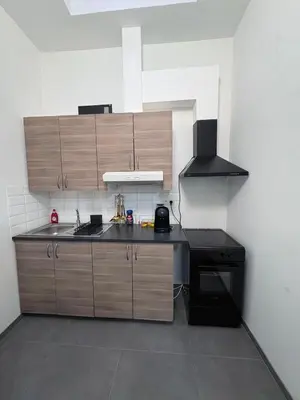 a kitchen with wooden cabinets and a black stove at Hôtel Garden's jacuzzi spa 1 in Brussels
