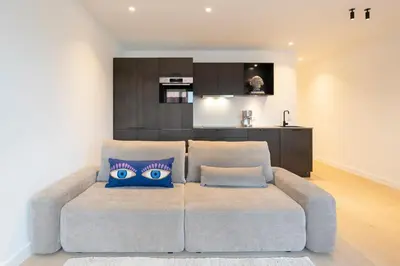 a living room with a couch with two blue pillows at SHWAY - The Second Mate's Glance in Antwerp
