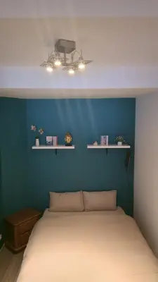 a bedroom with a bed with a blue wall at Royal sleeping Brussels in Brussels