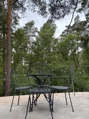 a wrought iron table and chairs sitting next to a fence at TerraVenturia - Natura Pirsch in Rixensart