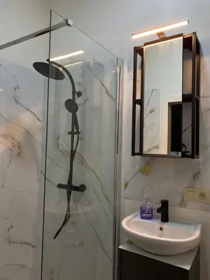 a bathroom with a shower and a sink at Center monet in Ghent