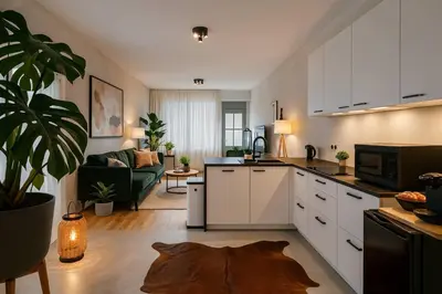 a kitchen with white cabinets and a living room at Modern Comfort - Bus & Tram at Door in Antwerp