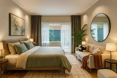 a bedroom with a bed and a couch and a mirror at Modern Comfort - Bus & Tram at Door in Antwerp