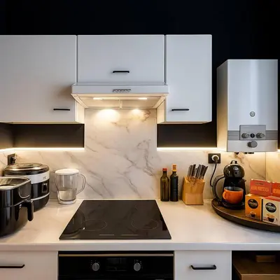 a kitchen with white cabinets and a stove top oven at Cozy Family Apartment - Bus & Tram Right in Front in Antwerp