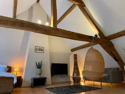 a room with a bed and a television in a attic at Romantic Loft, historic farmhouse, Sauna, Nature walks in Schilde