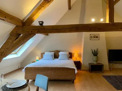 a bedroom with a large bed in an attic at Romantic Loft, historic farmhouse, Sauna, Nature walks in Schilde