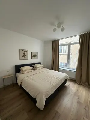 a bedroom with a large bed and a window at 1- Nid lumineux 2 chambres au coeur d'Ixelles in Brussels
