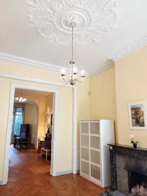 a living room with a fireplace and a chandelier at Bright 1BR with terrace near Montgomery in Brussels