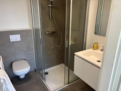 a bathroom with a shower and a toilet and a sink at Modern City Apartment Close to Everything in Brussels