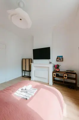 a bedroom with a pink bed with a flat screen tv at Slow Moments in Brussels in Brussels