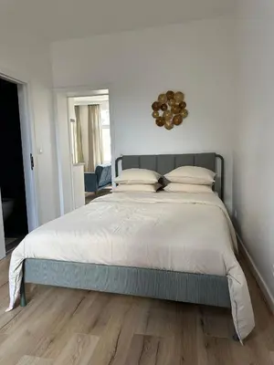 a bedroom with a large bed with a wooden floor at 2- Nid lumineux 1 chambres au coeur d'Ixelles in Brussels