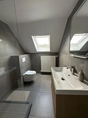 a bathroom with a sink and a toilet and two skylights at 3- Duplex Lumineux au coeur d'Ixelles in Brussels
