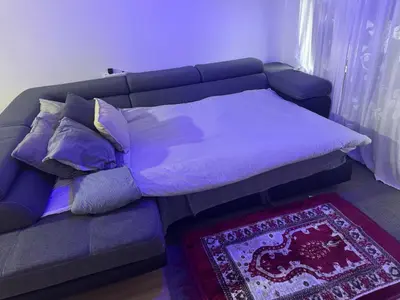 a purple couch in a living room with a rug at Luxurious apartment in Auderghem in Brussels
