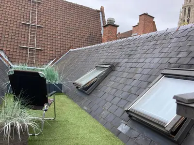 a slate roof on a house with a window at Appartement historisch centrum Antwerpen in Antwerp