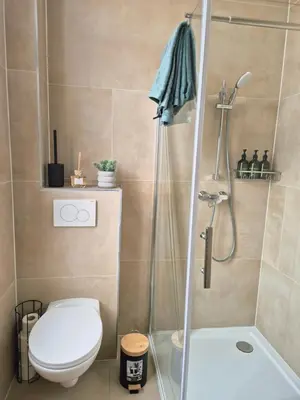 a small bathroom with a toilet and a shower at Studios - European Quarter in Brussels