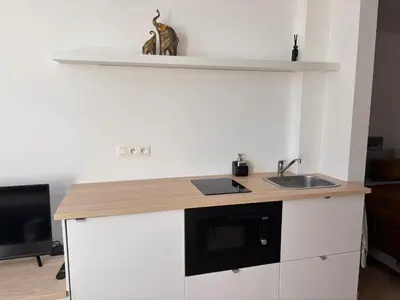 a kitchen with a counter with a sink and a microwave at Studio Miravelle in Antwerp