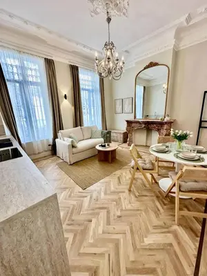 a living room with a fireplace and a chandelier at charm and comfort in Brussels