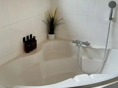 a white bath tub in a bathroom with a plant at 3BR Villa with Big Garden, Ping-Pong, Cinema, Bath in Ghent