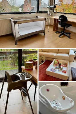 a collage of pictures of a room with a bed and a desk at 3BR Villa with Big Garden, Ping-Pong, Cinema, Bath in Ghent