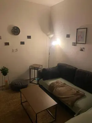 a living room with a couch and a table at Big beautiful appartement in center of Antwerpen in Antwerp
