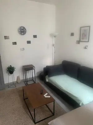 a living room with a couch and a table at Big beautiful appartement in center of Antwerpen in Antwerp