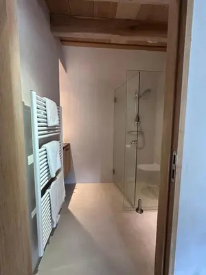 a bathroom with a shower and a glass door at Gastenverblijf De Middenblijk in Turnhout