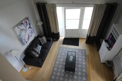 an overhead view of a living room with a couch and a table at Casa Terlinden in Brussels