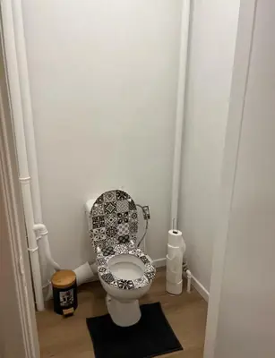 a bathroom with a toilet with a decorated seat at Beautiful and Cosy Flat in Etterbeek in Brussels