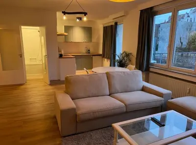 a living room with a couch and a table at Beautiful and Cosy Flat in Etterbeek in Brussels